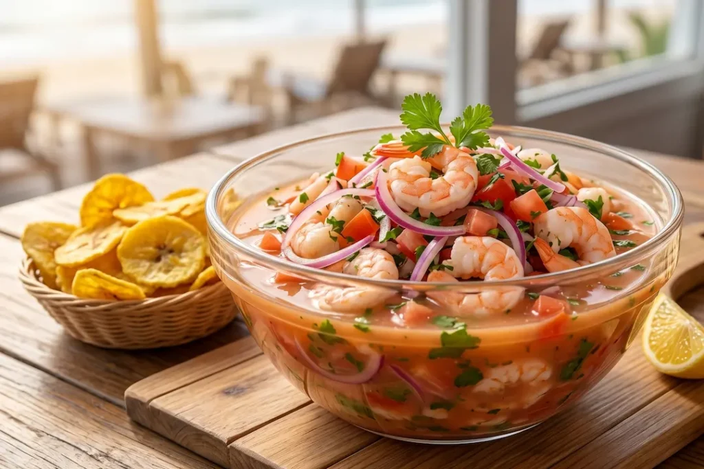 Ceviche preparado en Manta Ecuador con mariscos frescos y presentación tradicional costera