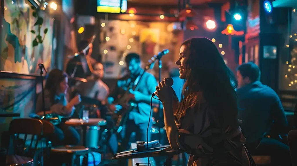 Músicos interpretando en vivo durante un evento en Manta frente al público