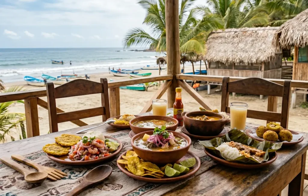 Platos representativos de la gastronomía de Manabí preparados con ingredientes tradicionales de la costa ecuatoriana