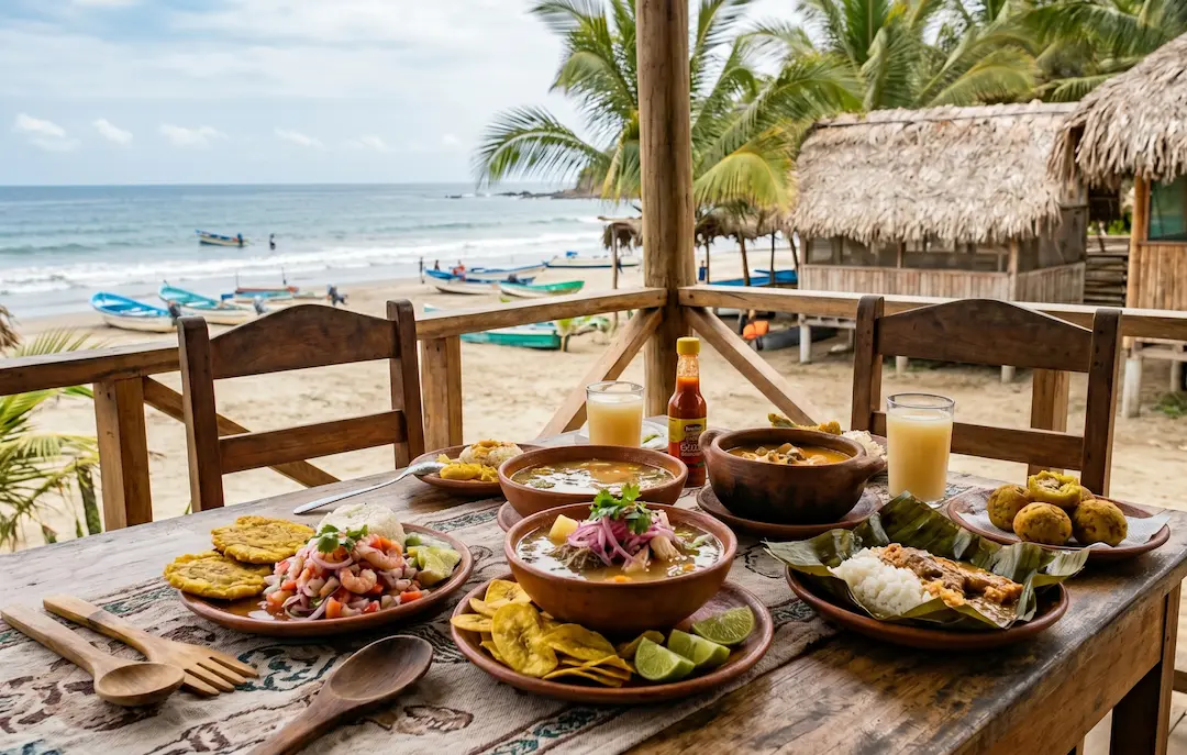 Platos representativos de la gastronomía de Manabí preparados con ingredientes tradicionales de la costa ecuatoriana