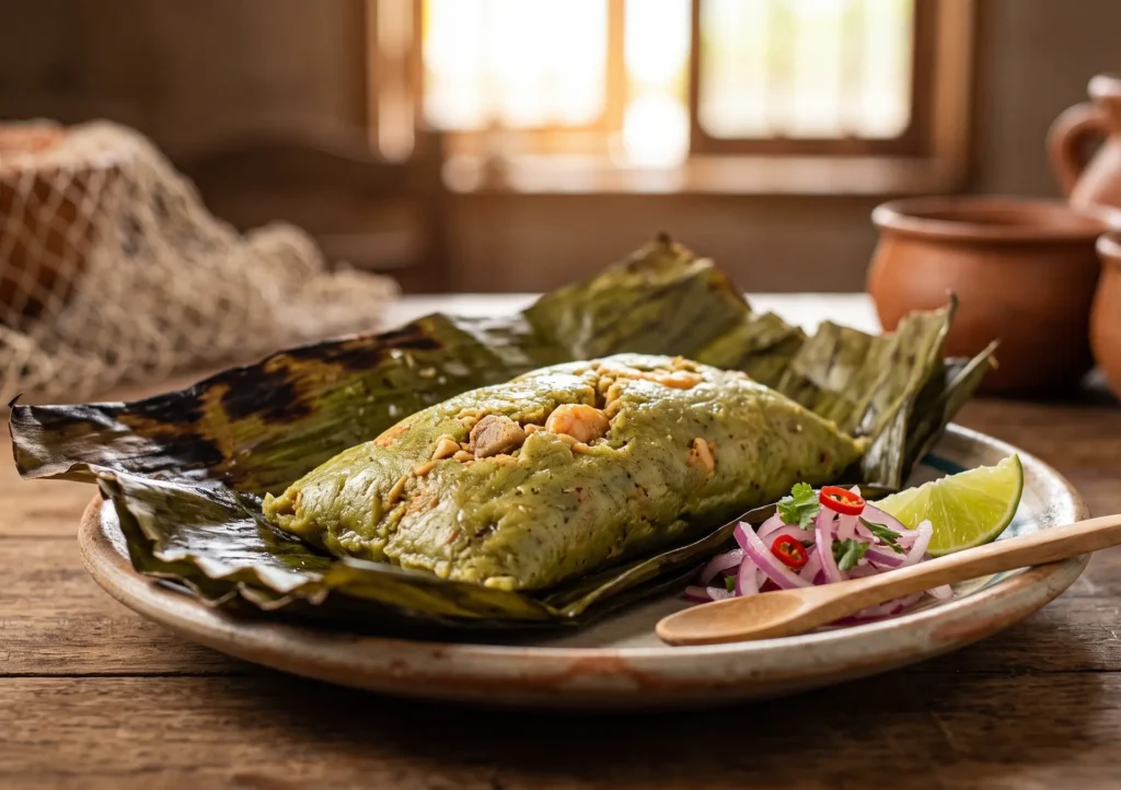 Bollo manabita preparado con plátano verde y relleno tradicional envuelto en hojas.