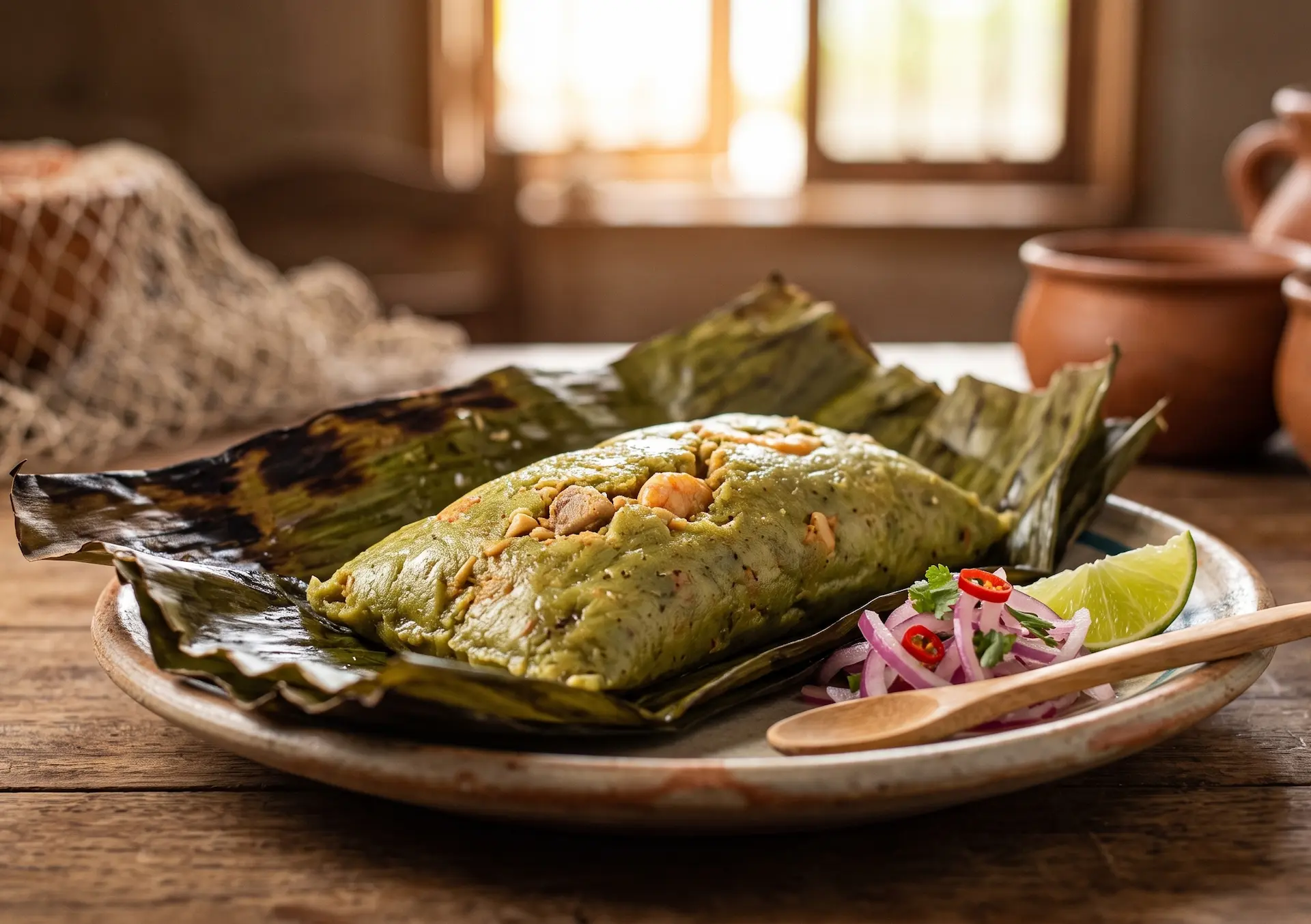 Bollo manabita preparado con plátano verde y relleno tradicional envuelto en hojas.