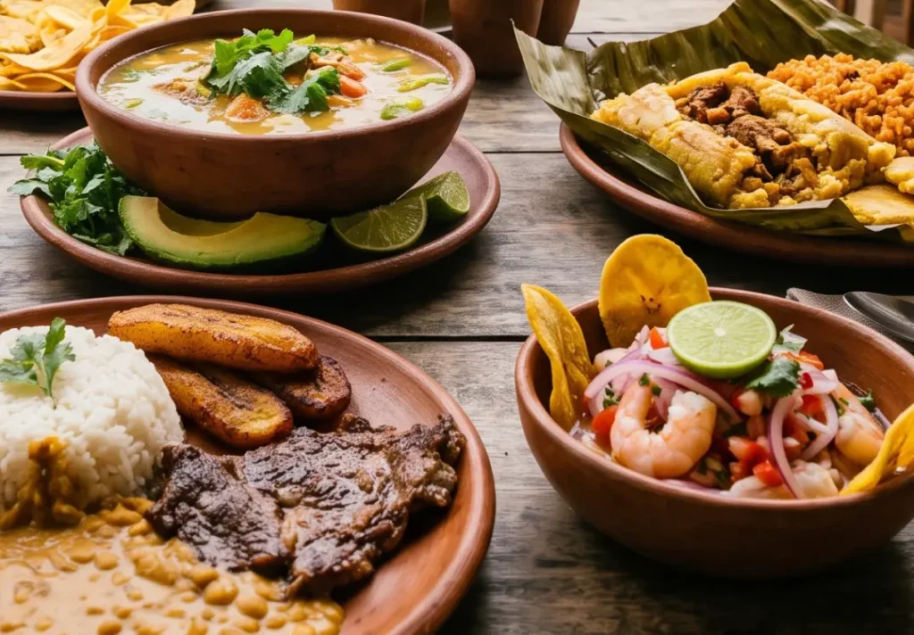 Platos tradicionales de la comida criolla manabita preparados con ingredientes típicos de la región