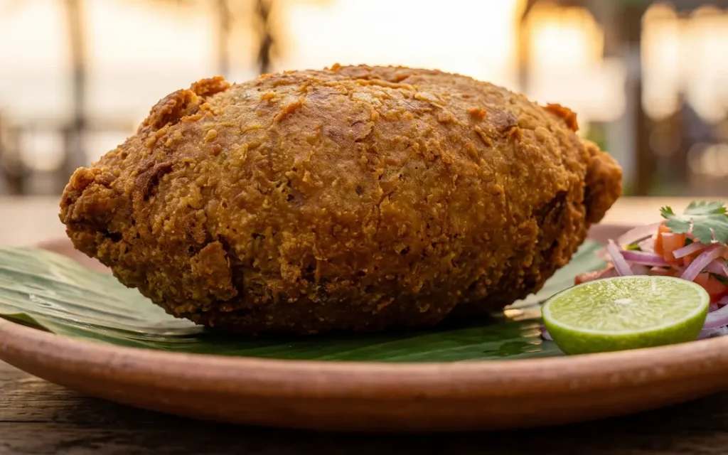 Corviche manabita preparado con plátano verde y relleno de pescado tradicional.