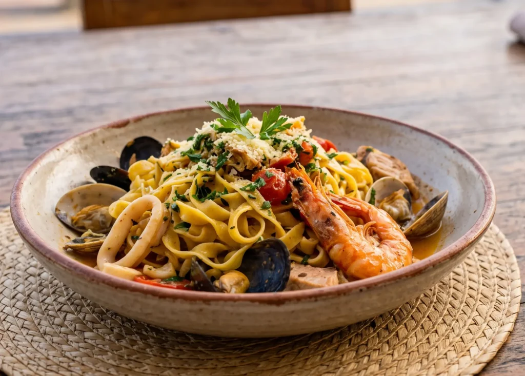 Plato de pasta italiana servido en Manta como representación de la influencia italiana