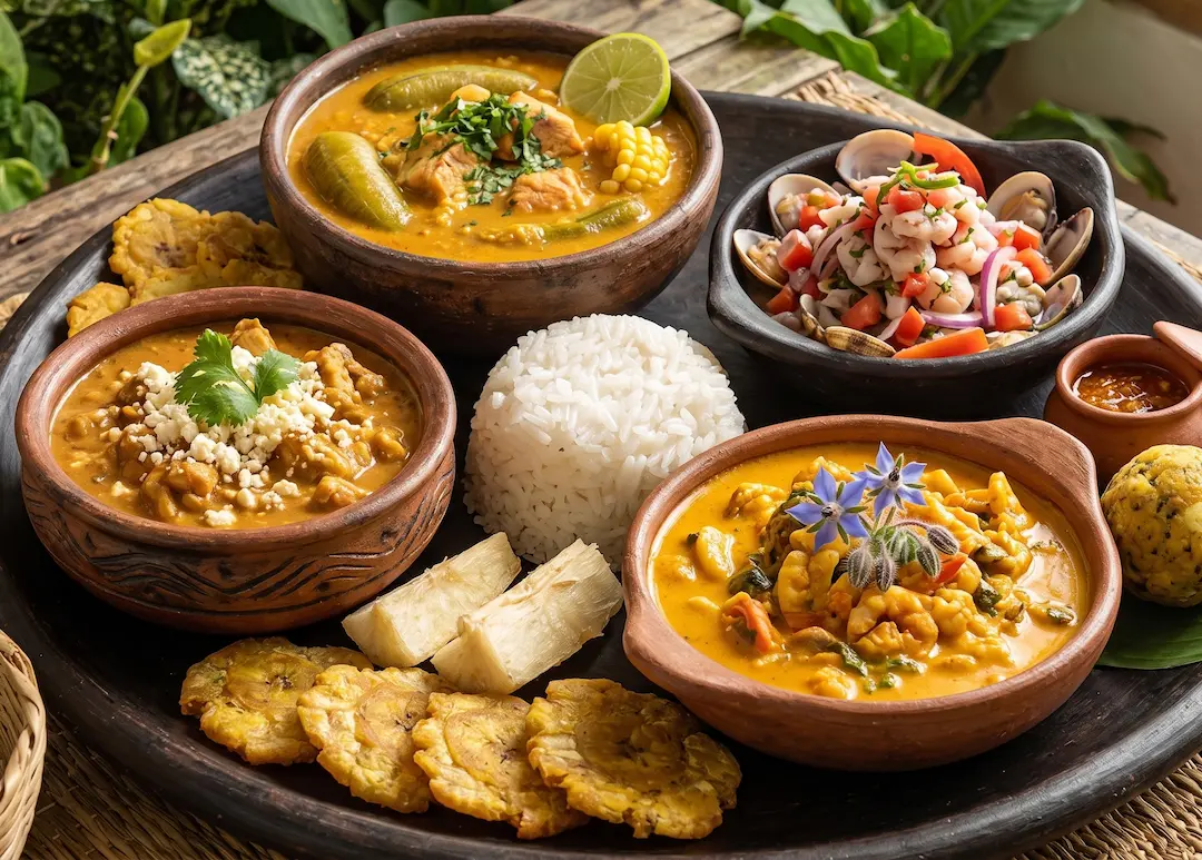Selección de platos típicos de Manabí preparados con ingredientes tradicionales de la costa ecuatoriana