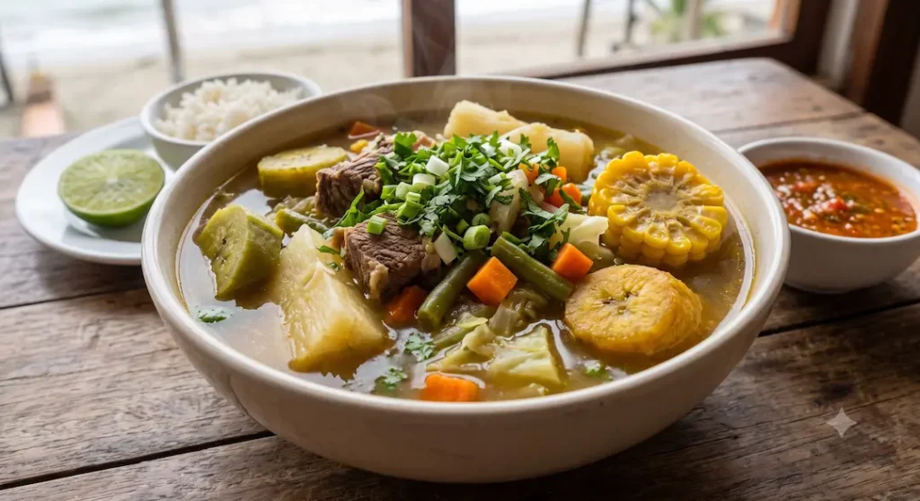 Sancocho manabita preparado con pescado, yuca y plátano en caldo tradicional.