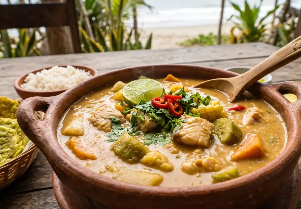 Viche manabita servido en un plato tradicional con ingredientes típicos de la costa ecuatoriana